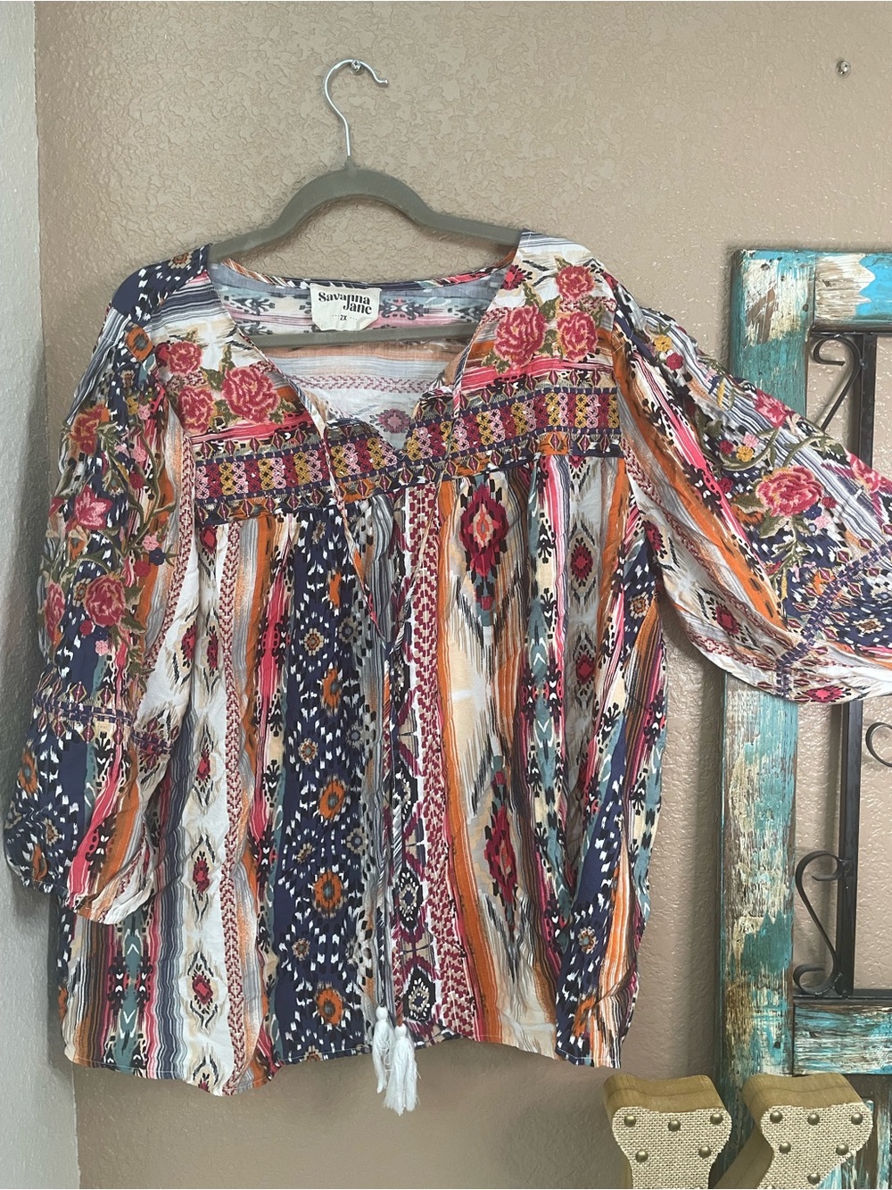 Savanna Jane Navy, White & Orange Embroidery Floral Peasant Top